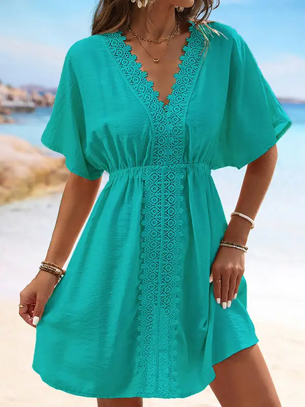 Batwing Sleeve Relaxed Elasticity See Through Split Joint V Neck Mini