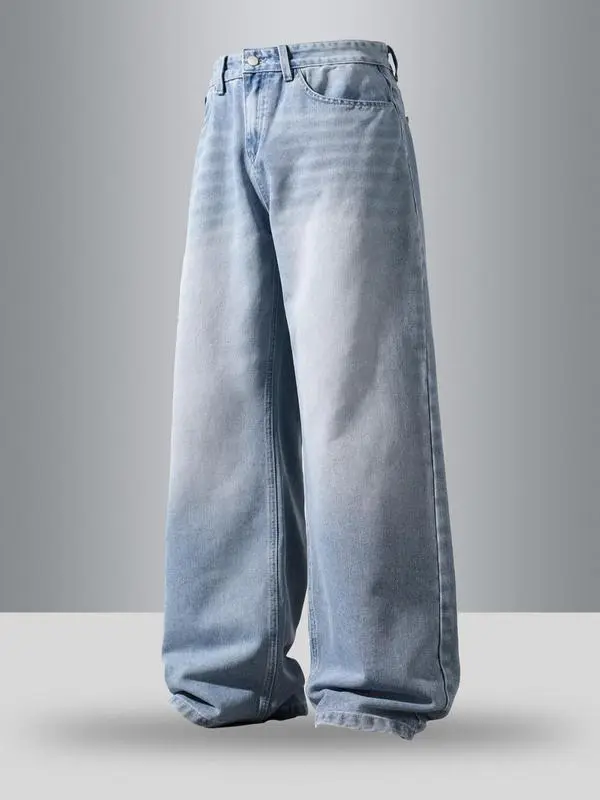 Men's Vintage Wash Pocket Wide Leg Jeans, Loose Casual Comfy Denim Pants for Daily Wear, Woven Bottoms for All Seasons
