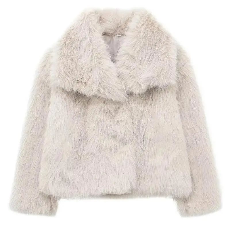 Women's Luxurious Oversize Solid Color Wide Lapel Snap Closure Fuzzy Thermal Outerwear, Fall & Winter Long Sleeve Outerwear, Faux Fur Outfit