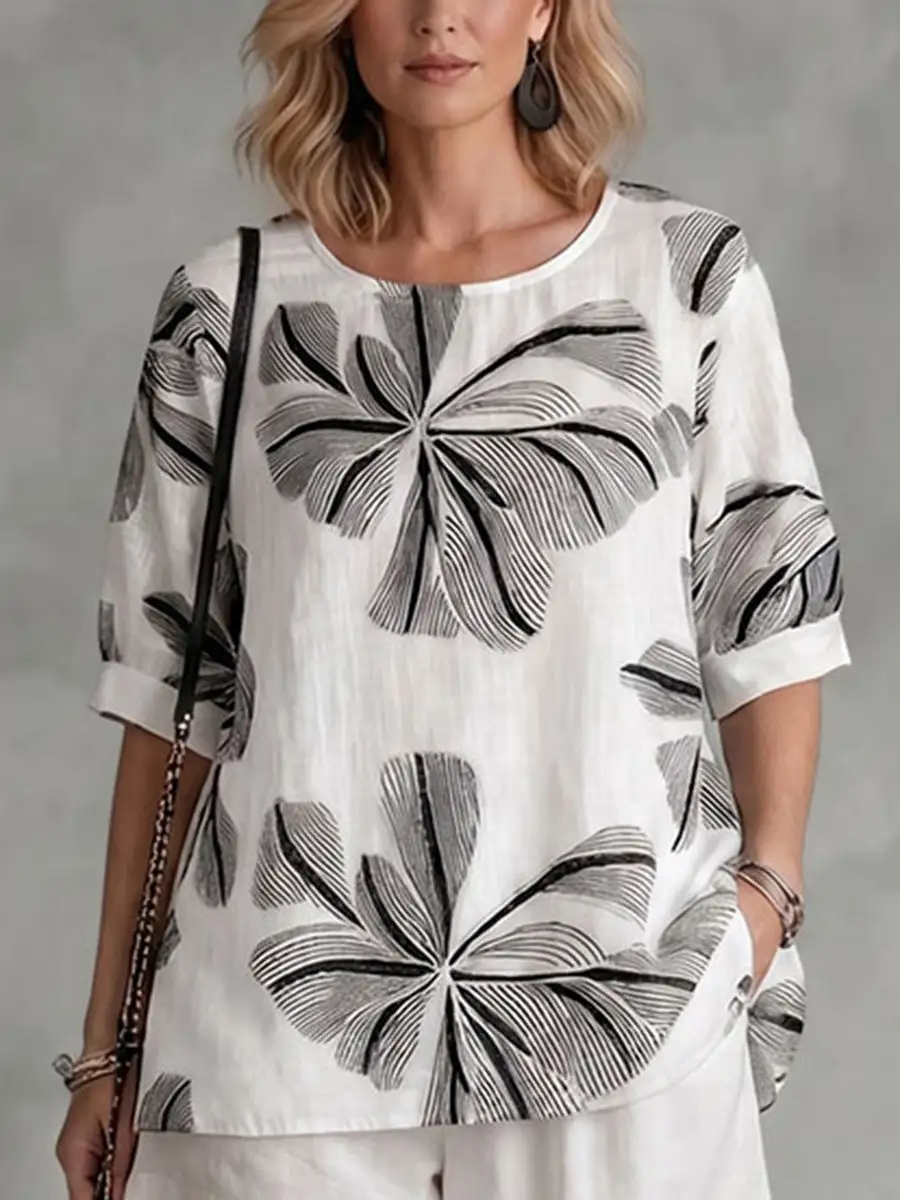 Long Sleeve Relaxed Contrast Embroidered Floral Print Round Neck T-Shirt