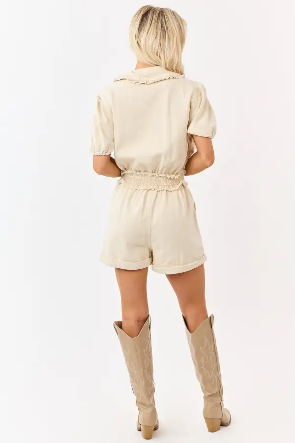 Denim Smocked Waistband Buttoned Romper