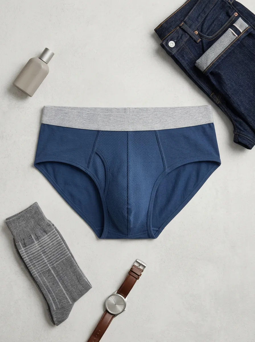 Men's Blue Honeycomb Texture Grey Waistband Printed Briefs