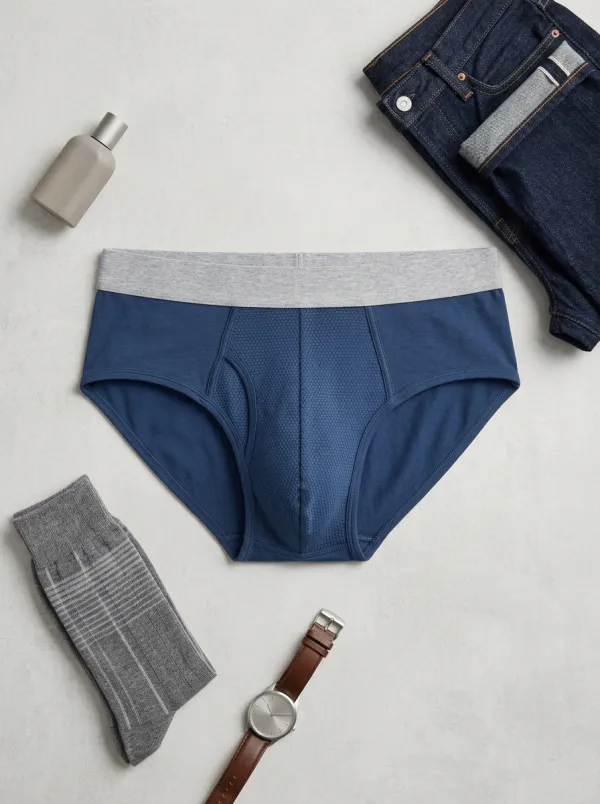 Men's Blue Honeycomb Texture Grey Waistband Printed Briefs