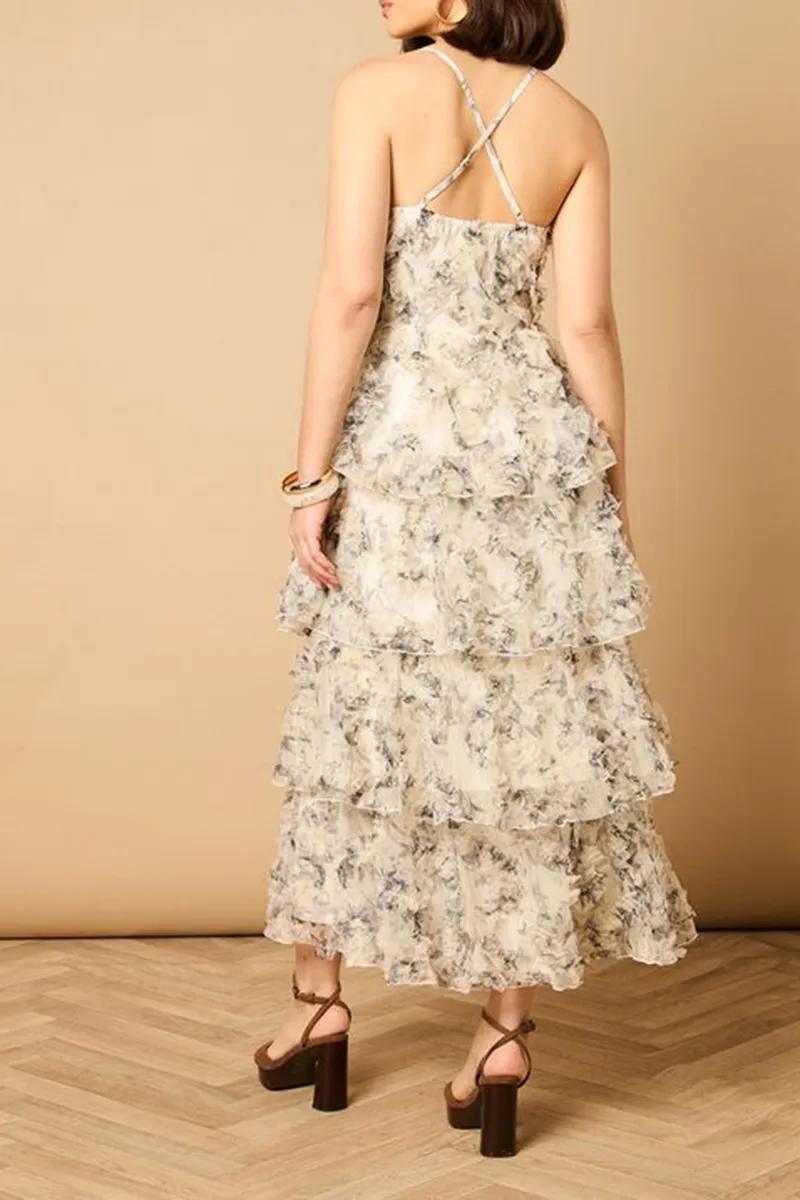 Casual Style Floral Textured Strappy Dress