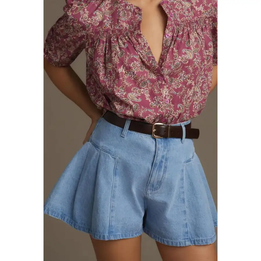 Pleated Patchwork Panel Lightweight Denim Shorts