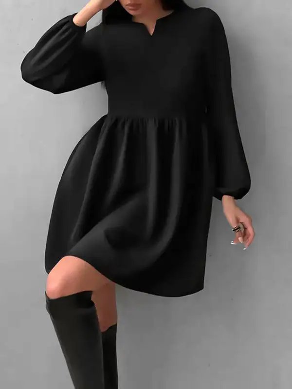 Relaxed Puff Sleeve Elasticity Pleated Solid Color Split Joint Round Neck