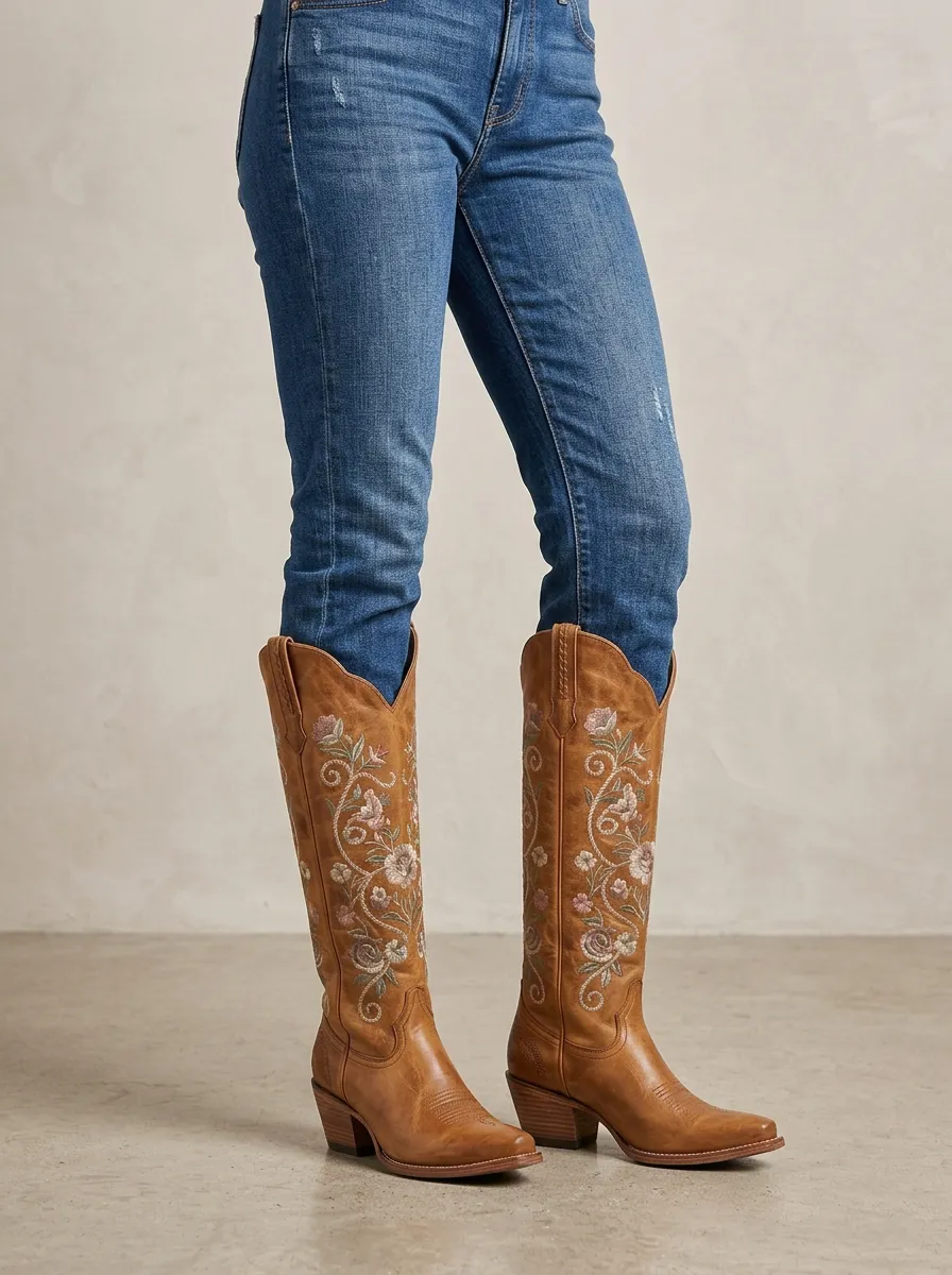 Women's Western Floral Wing Feather Embroidered Embossed Braided Denim Over-the-Knee Boots
