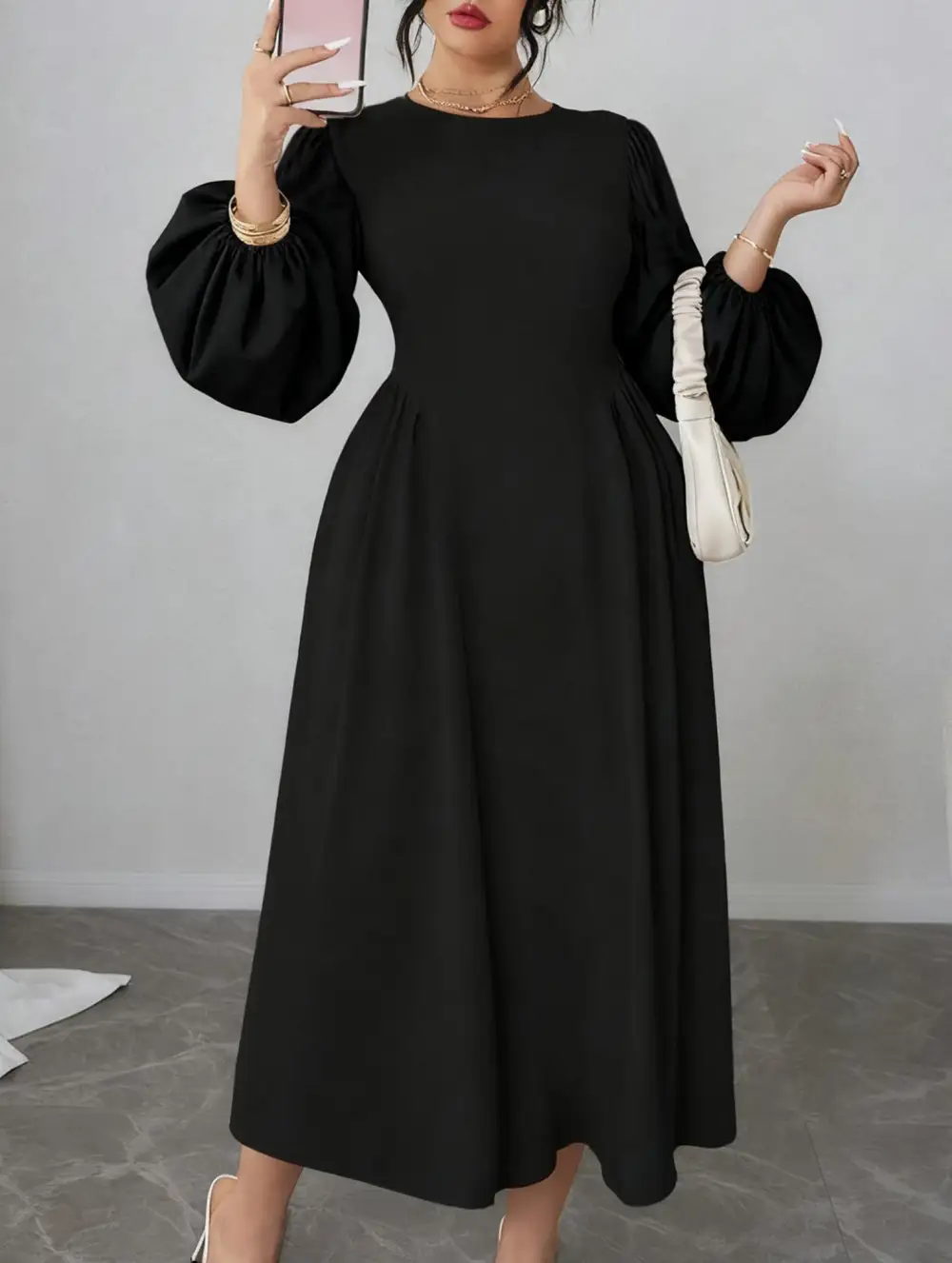 High-Waisted Round Neck Simple Puff Sleeve Dress