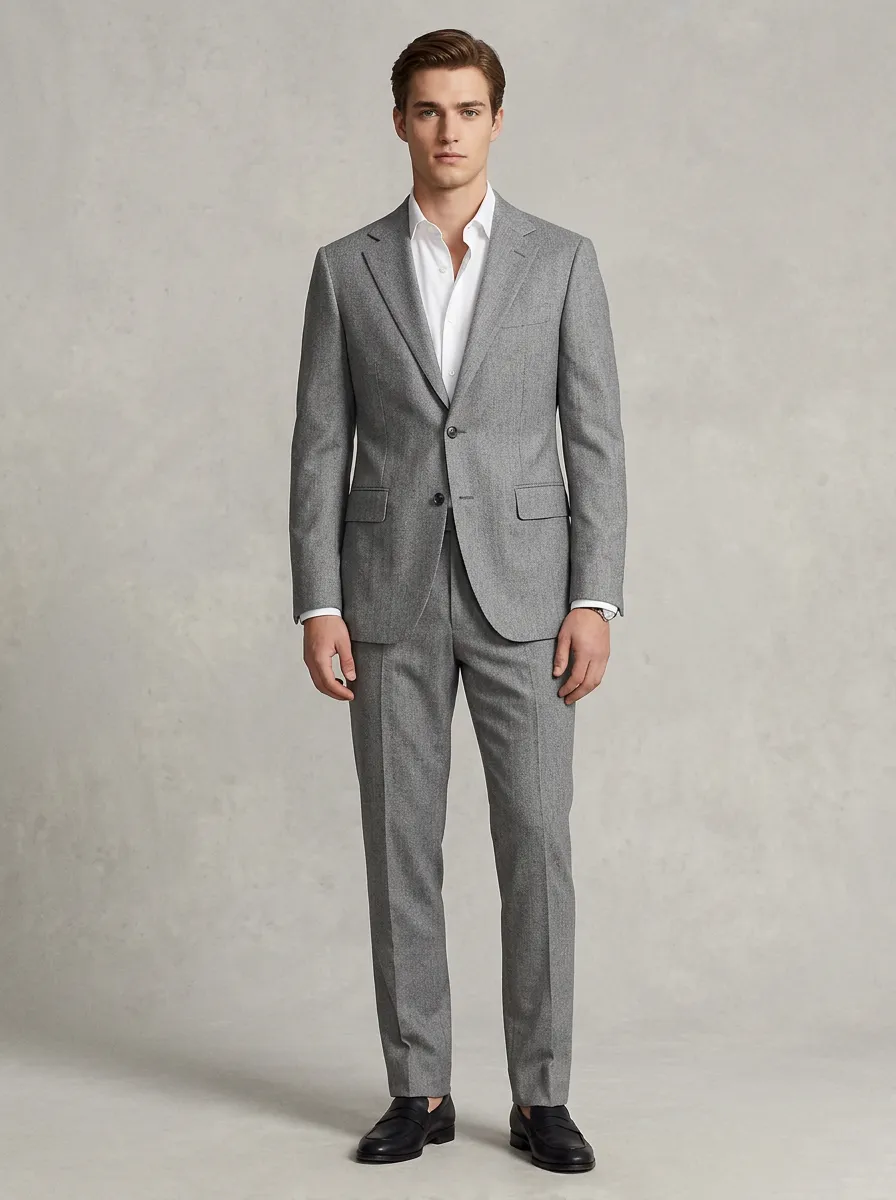 Men's Formal Business Grey Wool Blend Tailored Suit