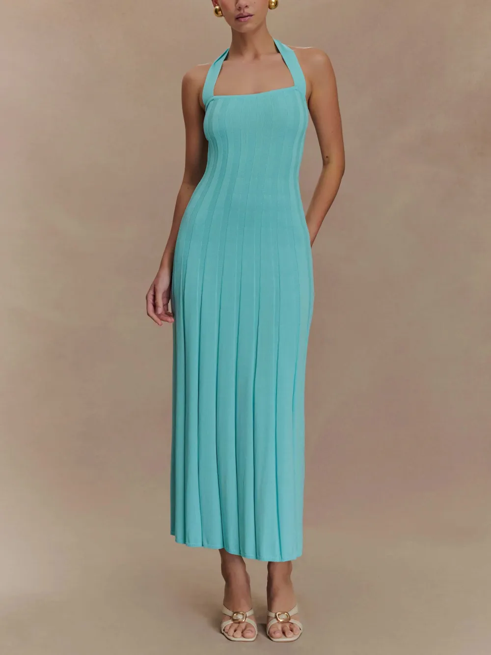 Elegant Halter Neck Ribbed Knit Midi Dress