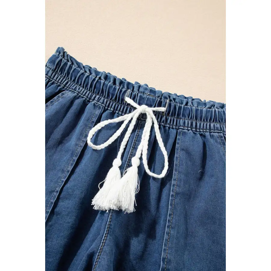 Raw Hem Drawstring High Waist Denim Shorts with Pockets