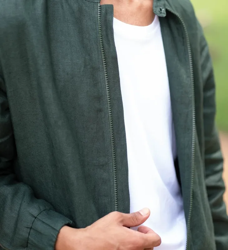 Forest Green Linen Bomber Jacket