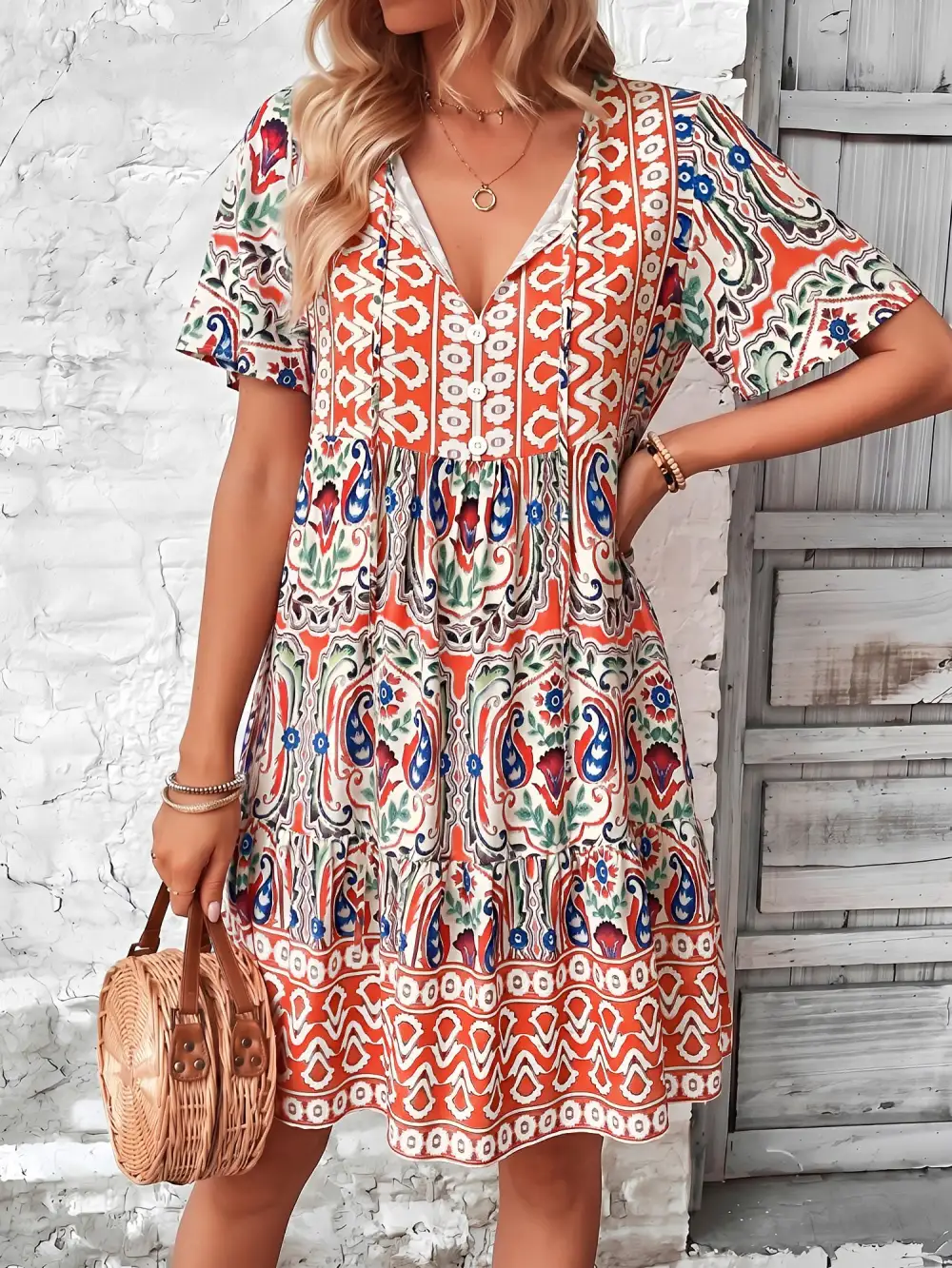 Boho-Print V-Neck Loose Fitting Mini Dress