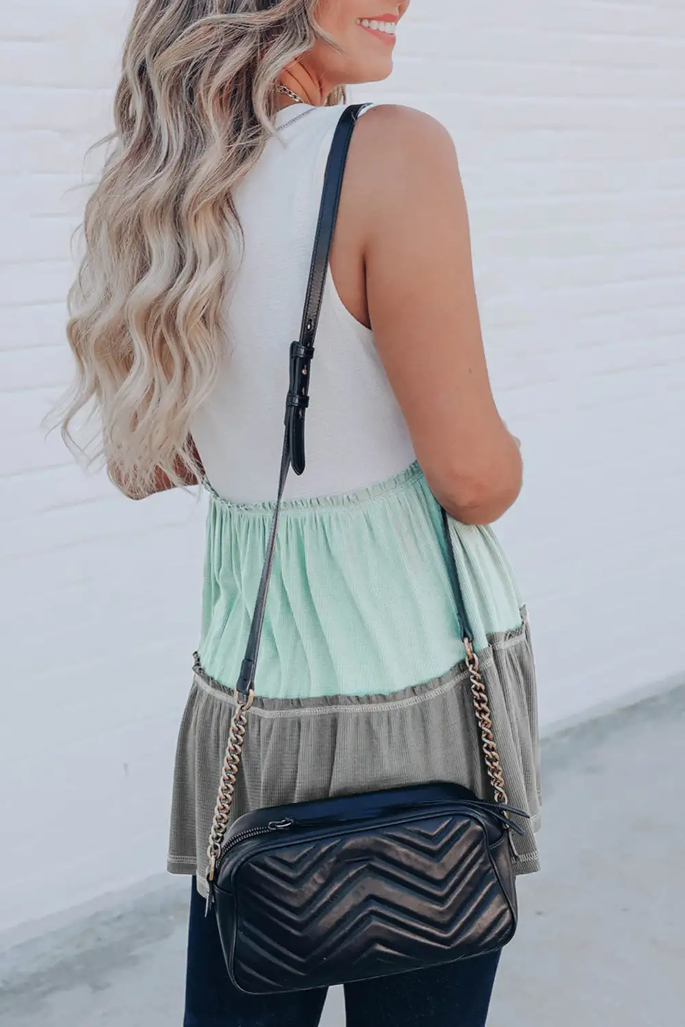 Ruffled V Neck Block Tank Top