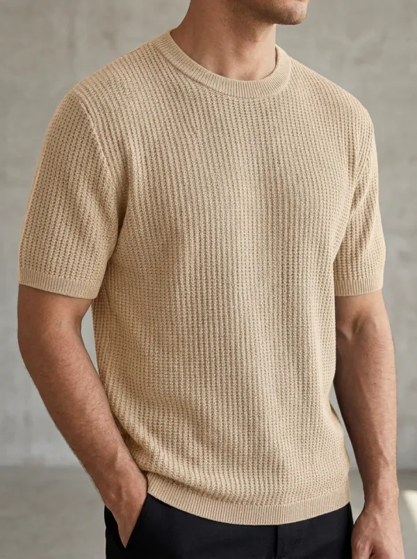 Modern Waffle-Knit Minimal Men's Knit Crew-Neck T-Shirt
