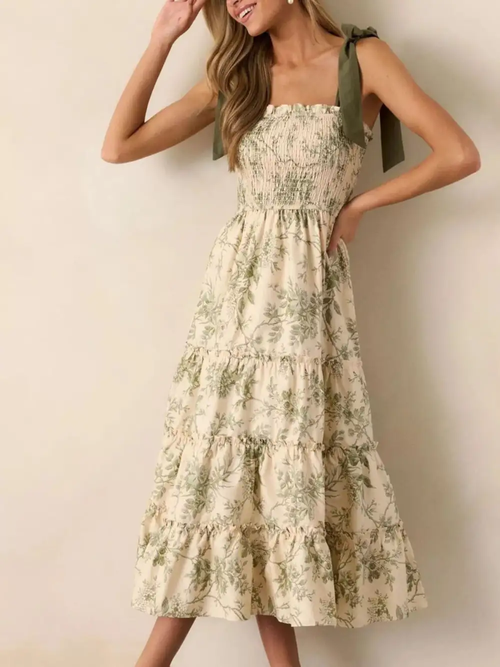 Drape Floral Printed Tiered Midi Dress