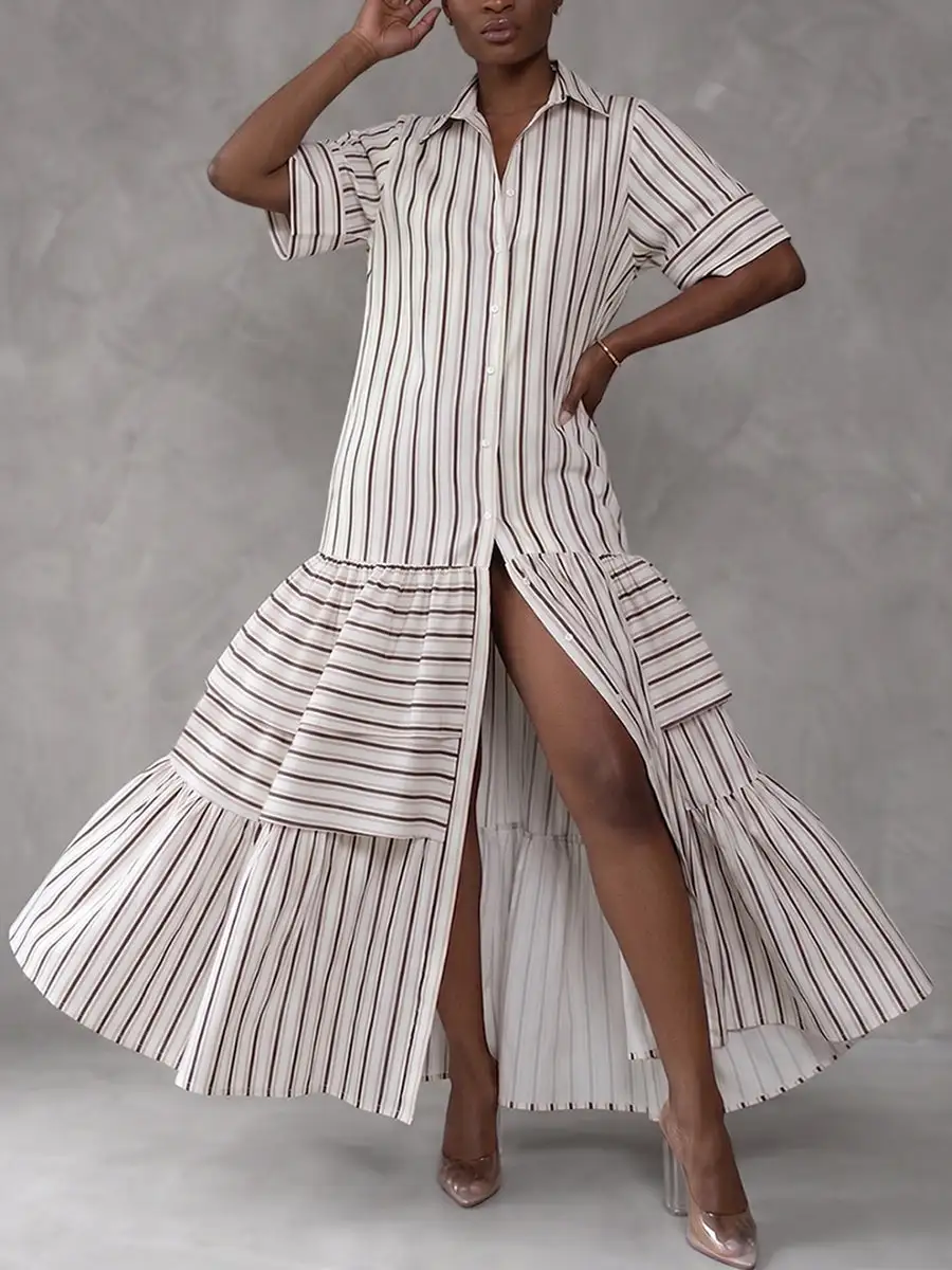 Half Pleated Buttoned Shirt Maxi Dress