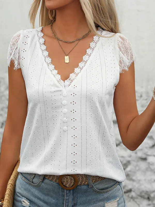 V-Neck Collared Short-Sleeve Lace-Detail T-Shirt