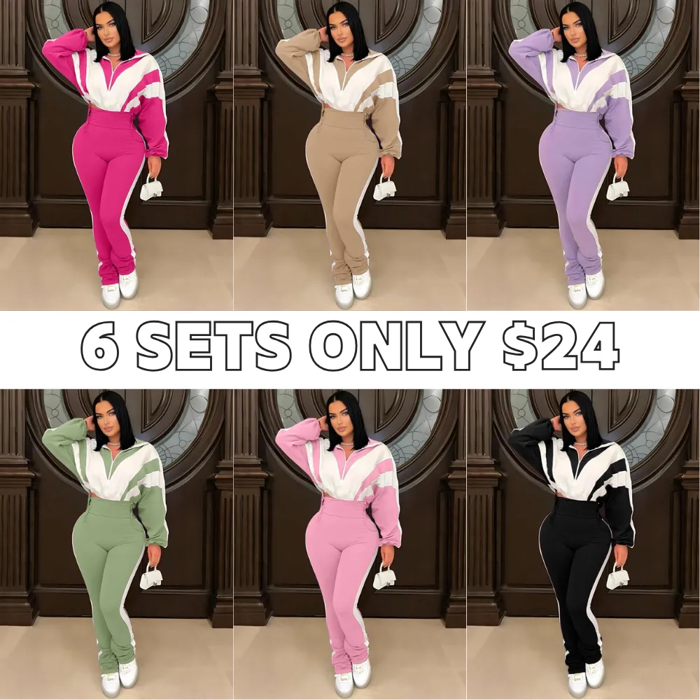 Womens Sweatsuits 2 Piece Set Contrast Color Long Sleeve Zip Up Cropped Jacket Leggings Pants Jogger Track Suits