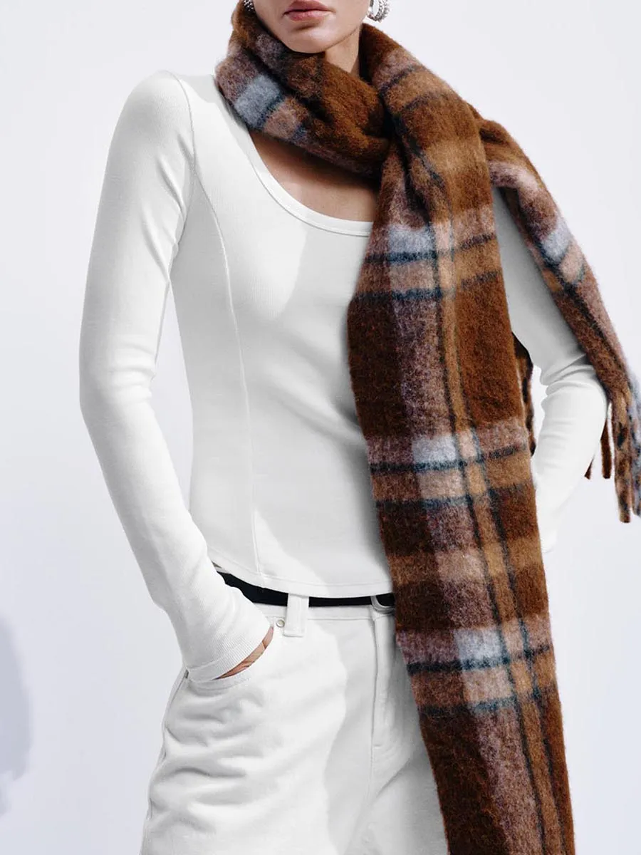 Lady's White Split Round-Neck Casual Style Fitted Long-Sleeved T-Shirt