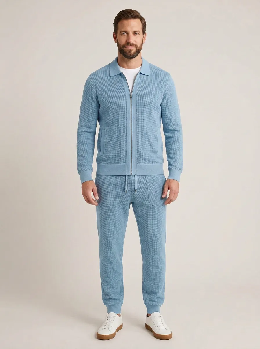 Men's Waffle Textured Zip-Up Polo Collar Jacket and Jogger Pants Set