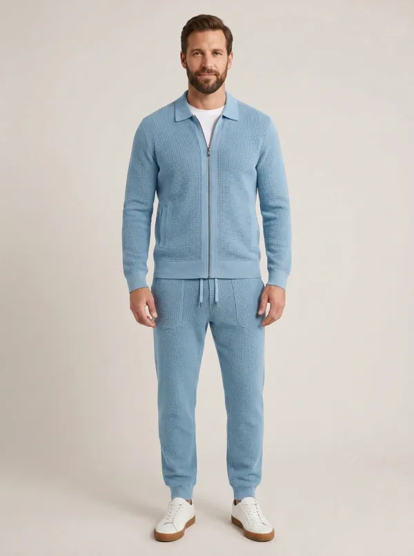 Men's Waffle Textured Zip-Up Polo Collar Jacket and Jogger Pants Set