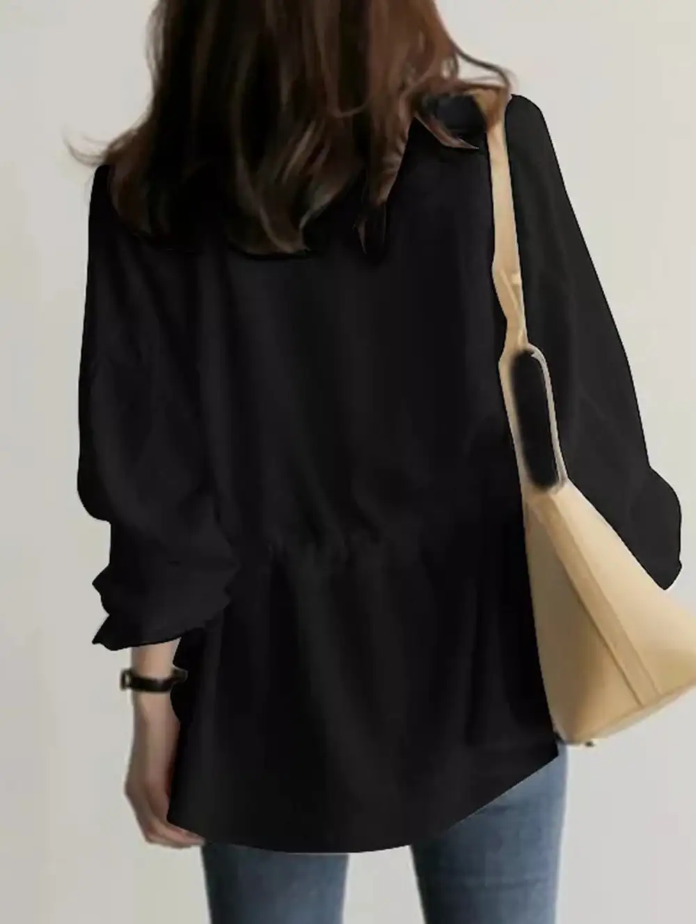 Long-Sleeved V-Neck Shirt Drawstring Waist