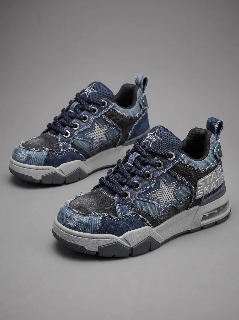 Men's 90s Retro Star Patchwork Denim Printed Skate Shoes