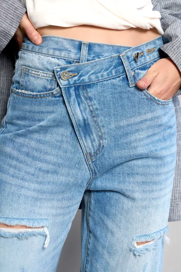 Women's High Waist Crossover Distressed Straight Rigid Denim Jeans