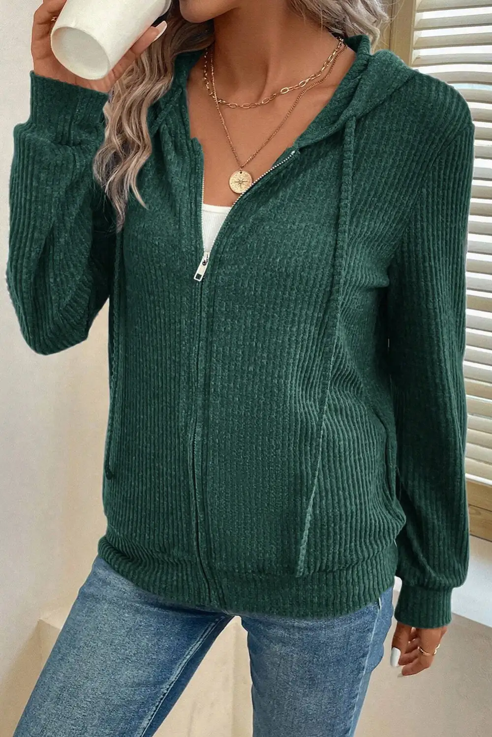 Ribbed Zip Detail Hoodie