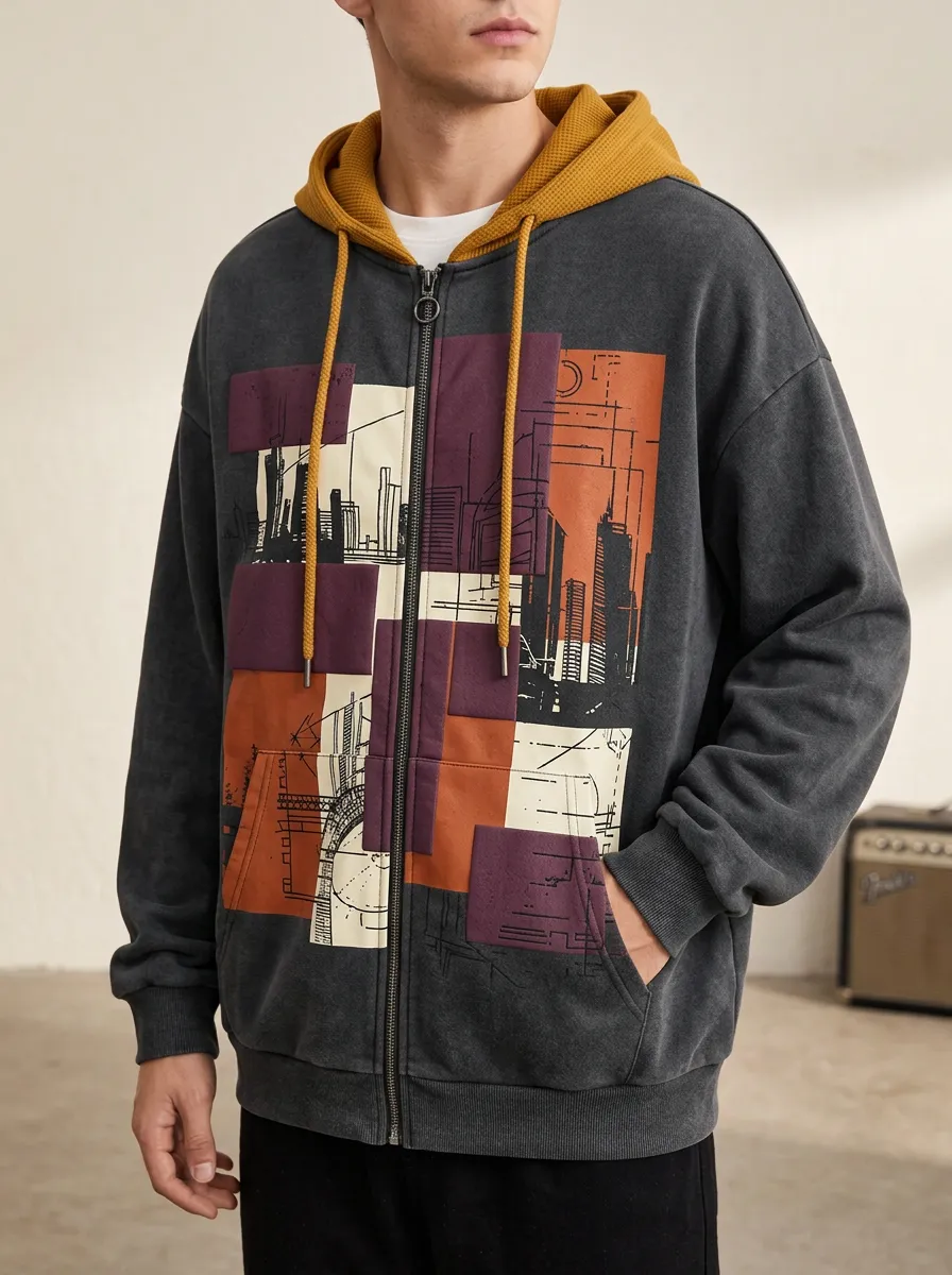 Men's Urban Cityscape Geometric Printed Zip Up Hoodie