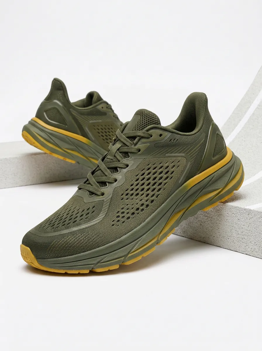 Men's Olive Green Mustard Yellow Mesh Breathable Printed Running Shoes