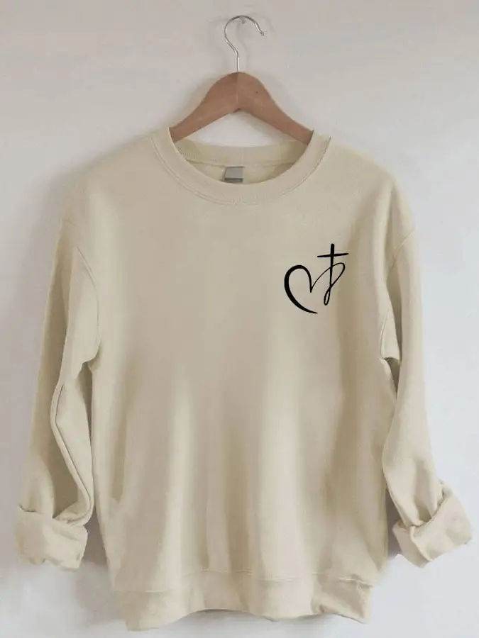 Women's Heart Cross Christian Jesus Has My Back Print Sweatshirt