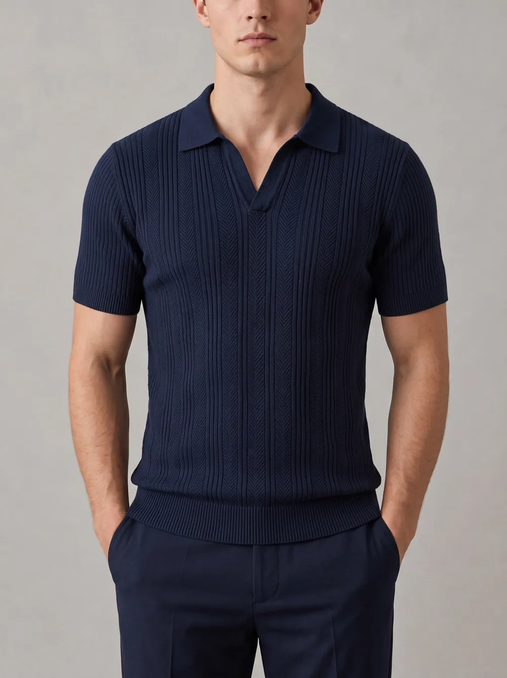 Men's Navy Blue Ribbed Knit V-Neck Polo Shirt