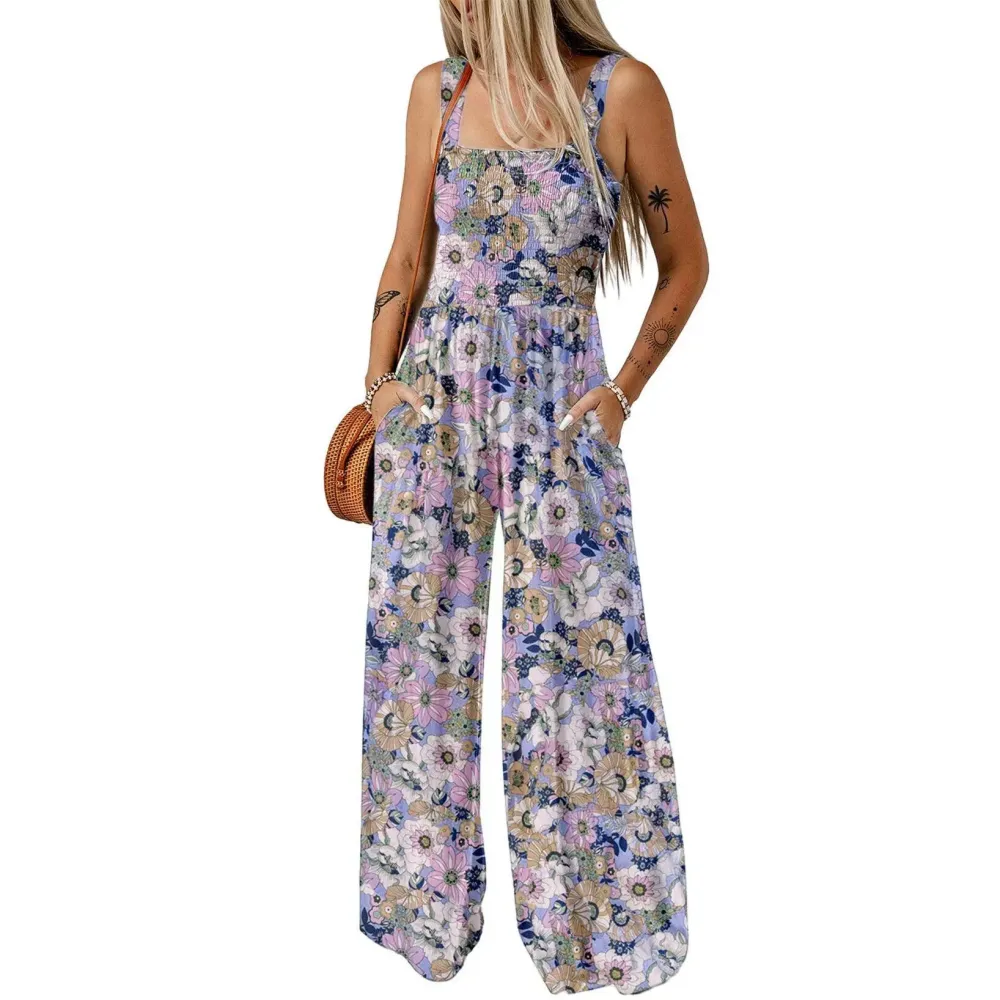 Women's Casual Loose Overalls Jumpsuits One Piece Sleeveless Printed Wide Leg Long Pant Rompers With Pockets Bohemian Womenswear
