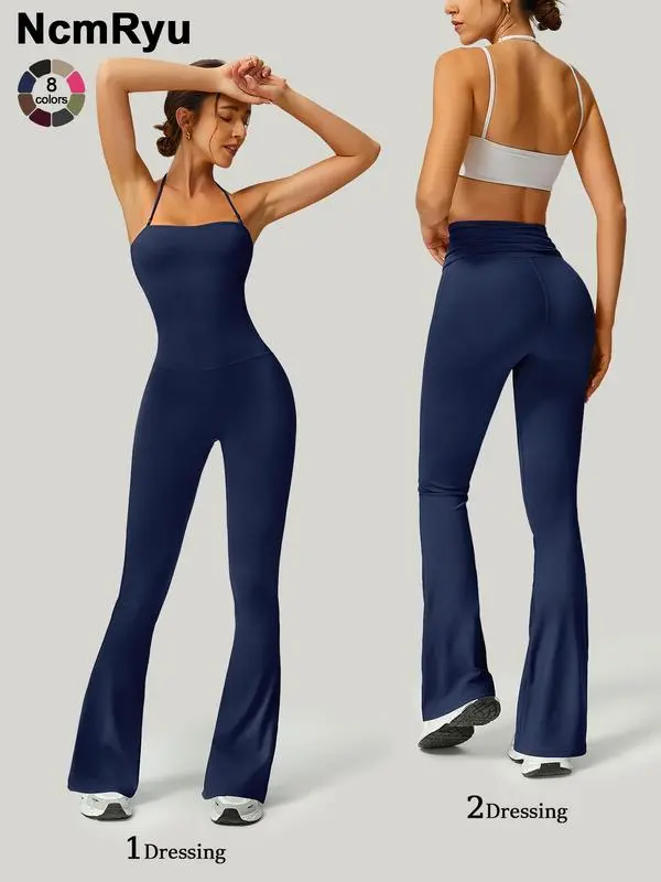 Women's Strapless Flared Yoga Jumpsuit – Fitness, Quick-Dry, Peach Hip Bodysuit
