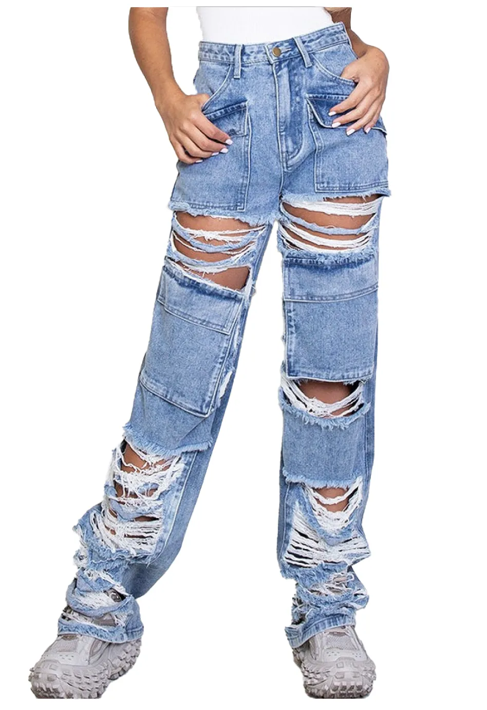 High-Rise Distressed Cargo Jeans