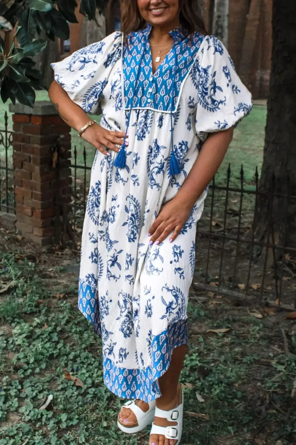 Print Contrast Boho Patchwork V Neck Loose Midi Dress