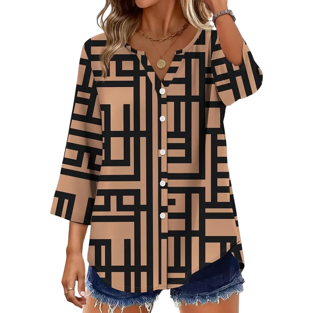 🔥 Women's 3/4 Sleeve V-Neck Button Down Blouse | Loose Fit Casual Tops