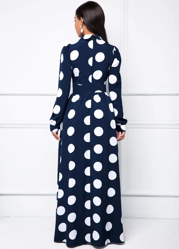 Long Sleeve Turndown Collar Polka Dot Dress