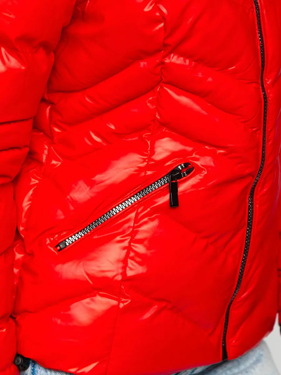 women's red quilted winter jacket with hood