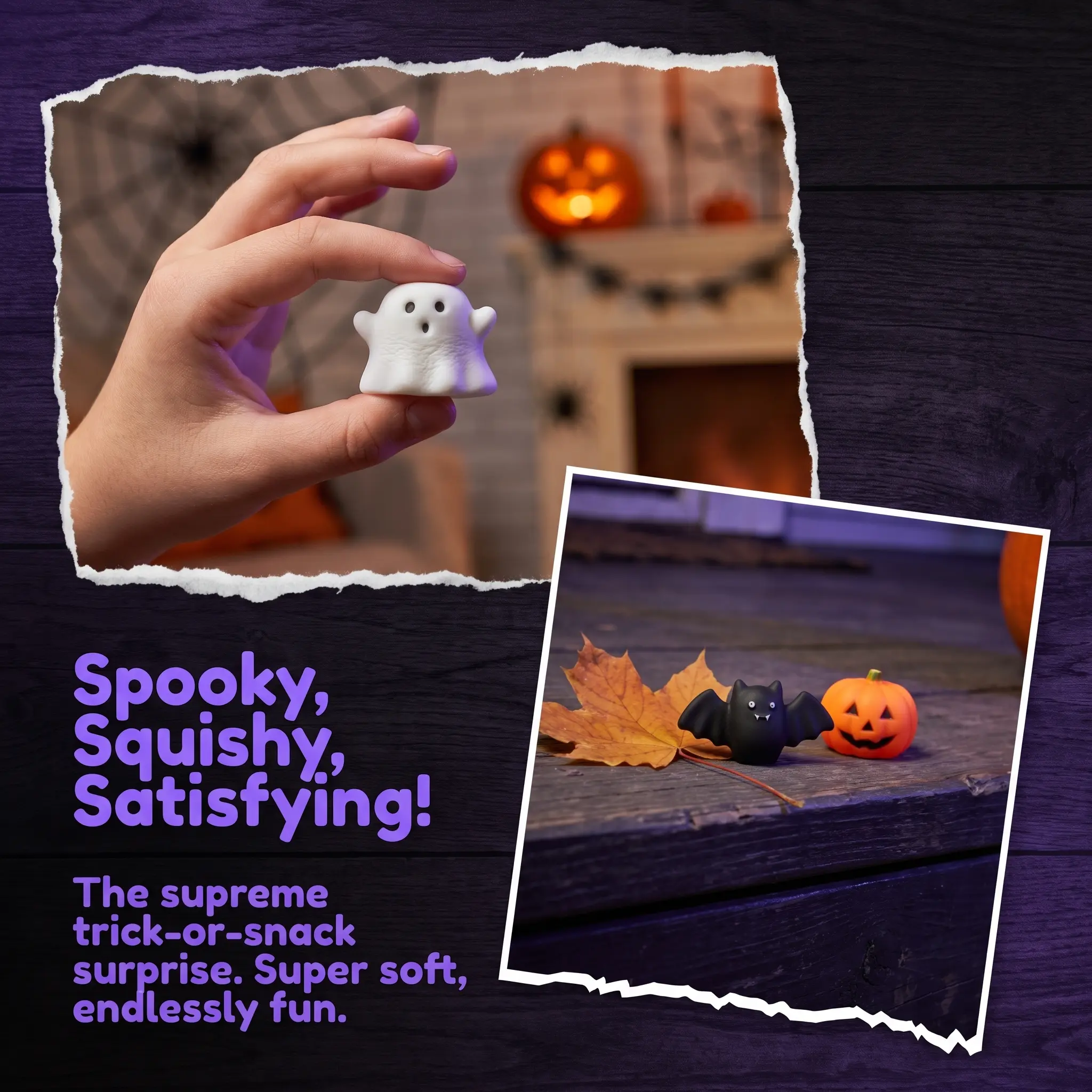 A mini ghost squishy held between fingers in a Halloween setting