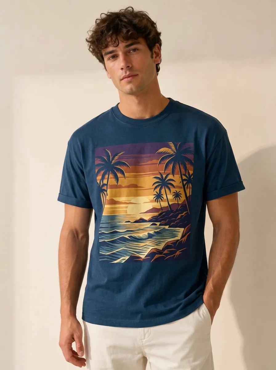 Men's Sunset Graphic Crewneck T-Shirt with Rectangular graphic print featuring a coastal sunset scene