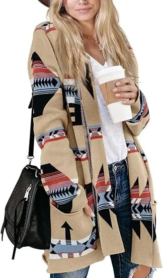 🧶 Women Boho Cardigan Aztec Open Front Long Sleeve Shawl Collar Sweater Coat✨ Effortlessly Boho. Warmth Meets Free Spirit.