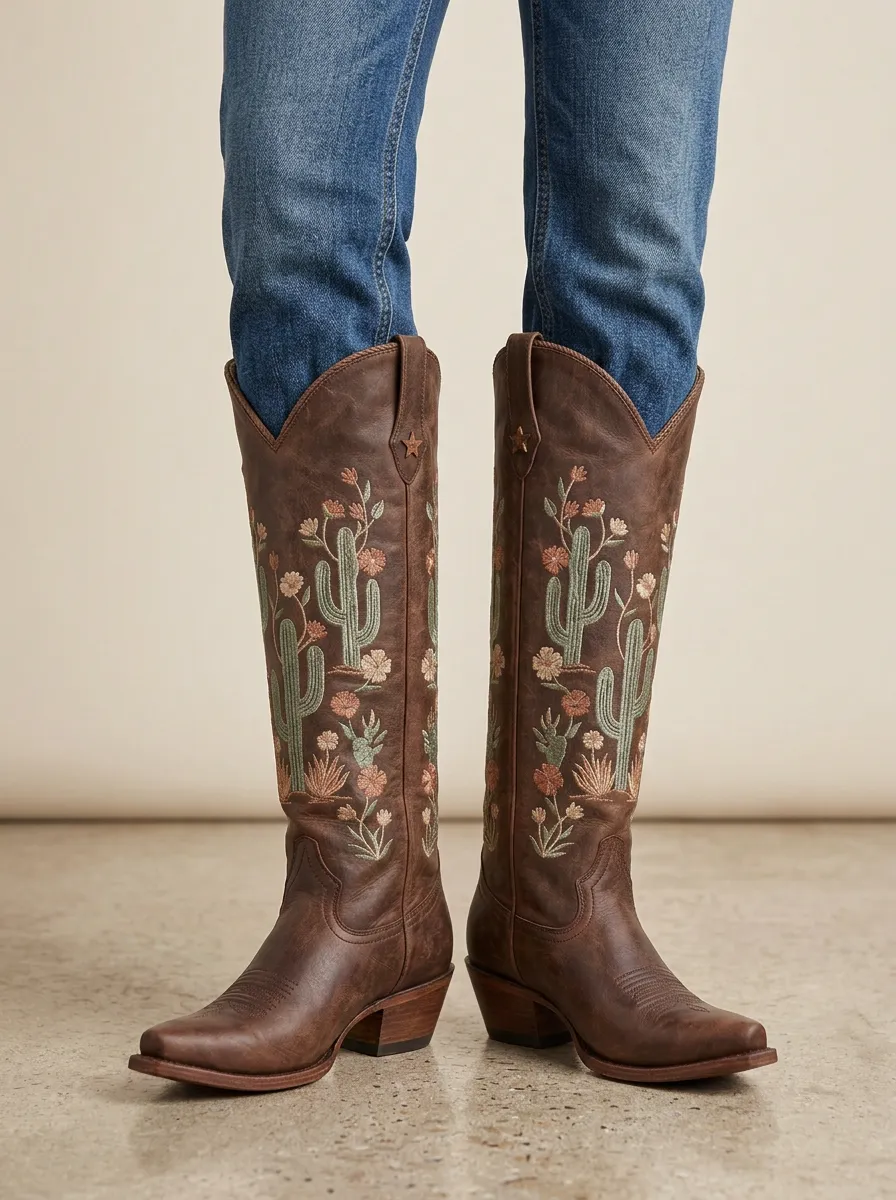 Women's Western Cactus Floral Star Embroidered Pointed-Toe Block-Heel Denim Over-the-Knee Boots