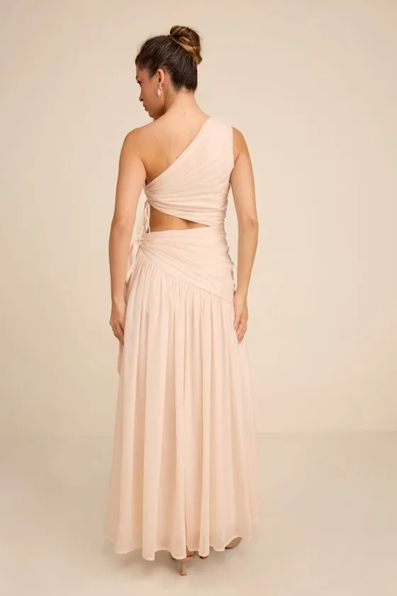 Vega Light Beige Pleated Asymmetrical Cutout Maxi Dress