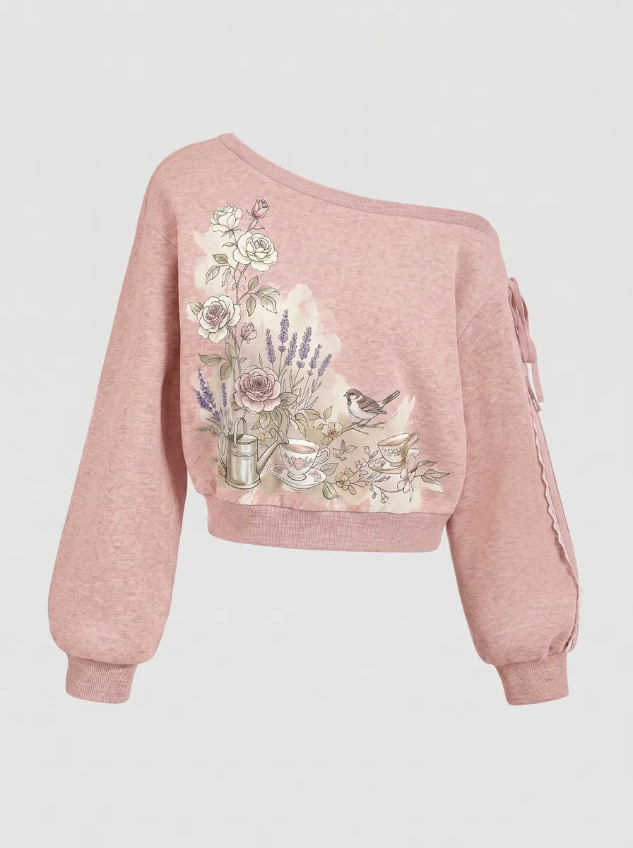 Women's Garden Floral Bird Tea Cup Printed One-Shoulder Sweatshirt