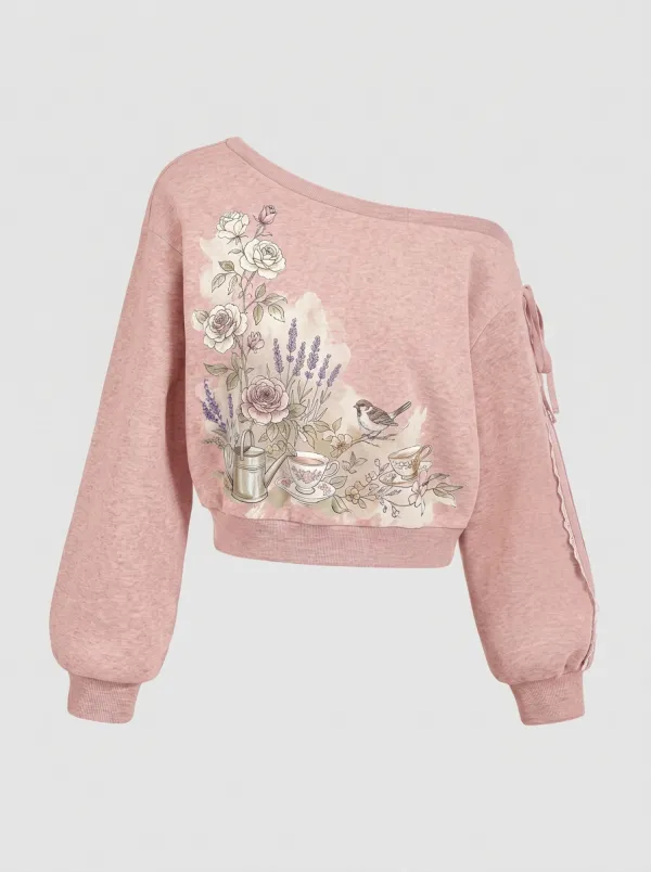 Women's Garden Floral Bird Tea Cup Printed One-Shoulder Sweatshirt