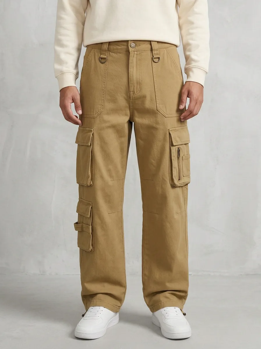 Men's Mid-Blue D-Ring Straight-Leg Denim Cargo Pants