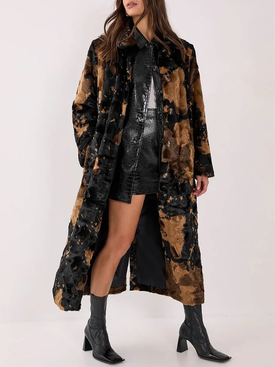 Brown Black Camo Print Long Shearling Coat